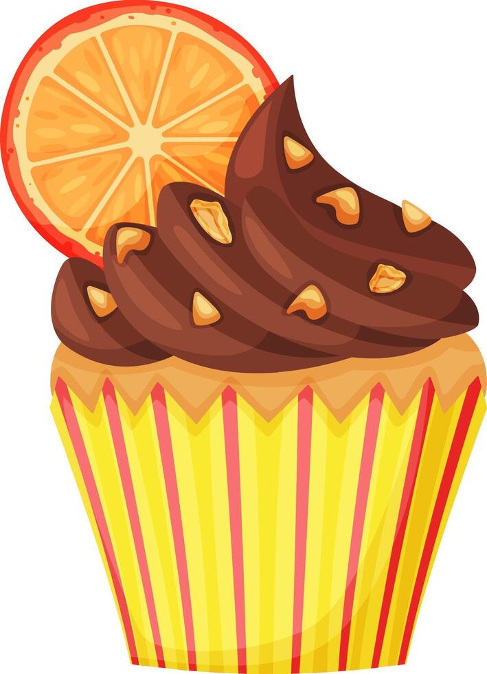 Single, whole cupcake decorated with chocolate frosting, crunchy nuts, and a slice of orange, creating a sweet and visually appealing treat vector