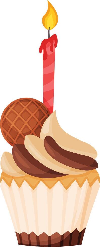 Single cupcake with a burning candle, decorated with a round waffle and a swirl of chocolate and peanut butter cream, celebrating a birthday or special occasion vector