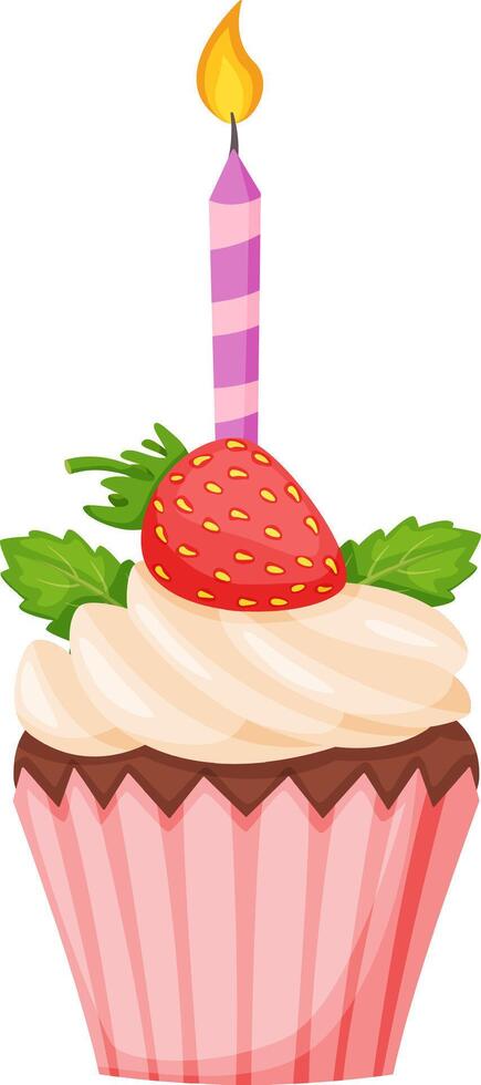 Pink cupcake with chocolate topping, decorated with whipped cream, fresh strawberry, mint leaves and lit birthday candle, isolated on white background vector