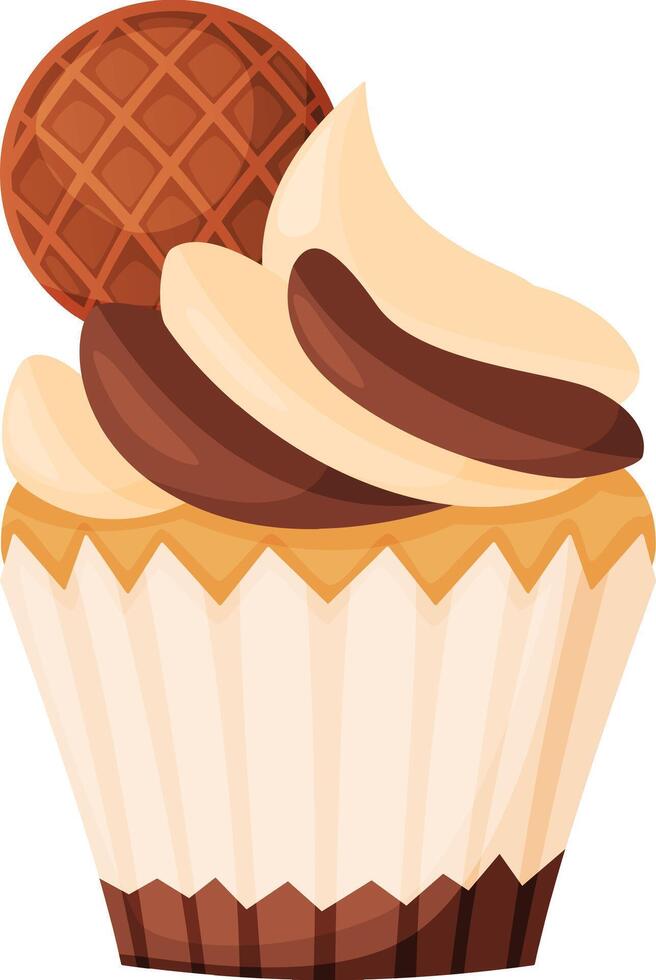 Creamy and rich chocolate and vanilla frosting swirls atop a freshly baked cupcake, garnished with a crispy waffle, creating a tempting treat for dessert lovers vector