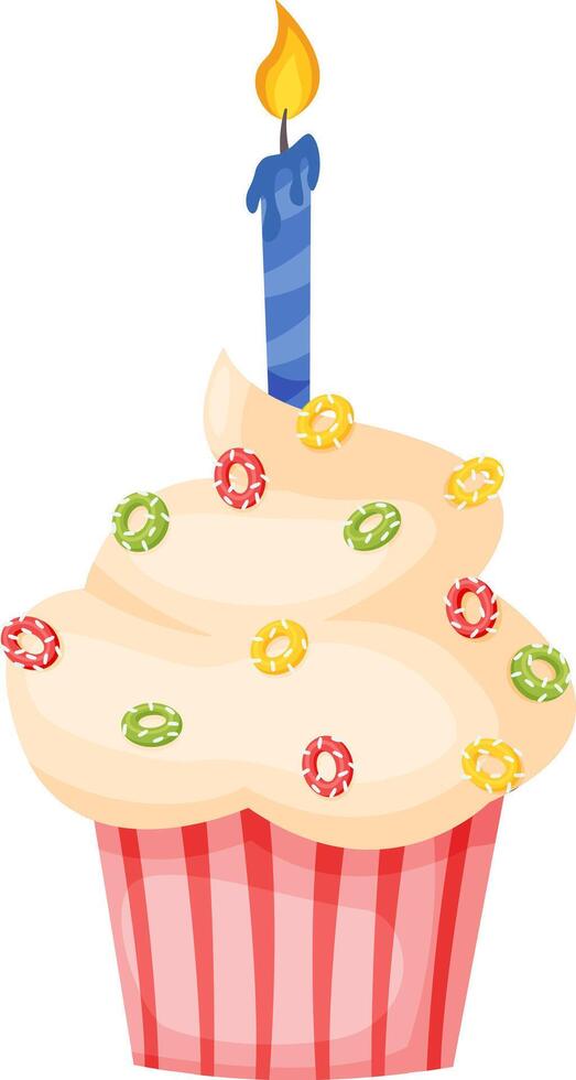 Creamy cupcake decorated with colorful sprinkles and a lit blue candle, perfect for celebrating a birthday or special occasion, bringing joy and sweetness to any celebration vector