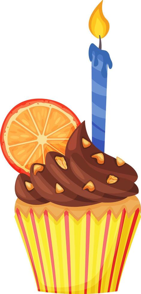 Single cupcake decorated with chocolate frosting, nuts, orange slice and a lit blue candle celebrating a birthday or special occasion, isolated on white background vector