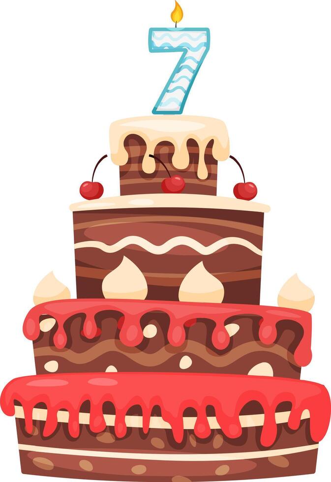 Three tiered chocolate birthday cake with dripping icing, cherries, and a number seven candle burning brightly, celebrating a seventh birthday or anniversary in a sweet and festive way vector