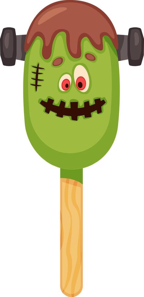 Fun and spooky Halloween popsicle featuring a friendly green monster face with stitched mouth, chocolate topping dripping down, and dark bolts on the sides, perfect for a chilling treat vector