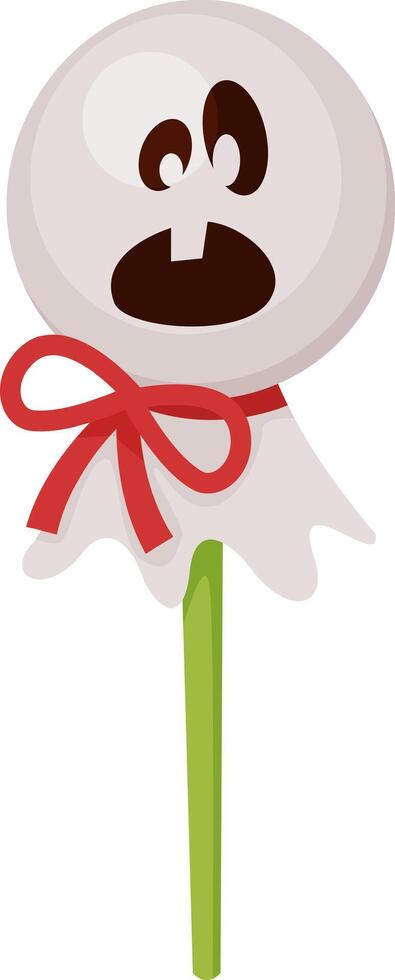 Halloween lollipop with a ghost face and red ribbon is looking surprised, ideal for projects related to halloween, sweets, and spooky celebrations vector