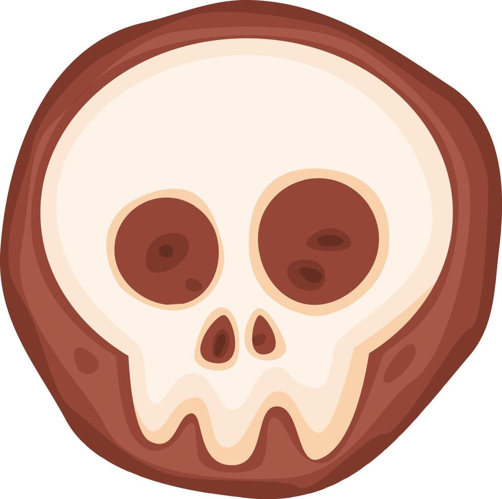Delicious round chocolate cookie decorated with a skull made of white icing, creating a spooky treat perfect for Halloween celebrations and adding a touch of macabre sweetness to the festivities vector