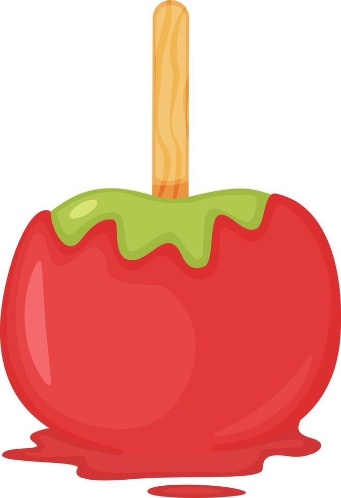 Sweet candy apple coated in red caramel dripping with green caramel on a wooden stick, a classic autumn dessert perfect for halloween celebrations or fall festivals vector