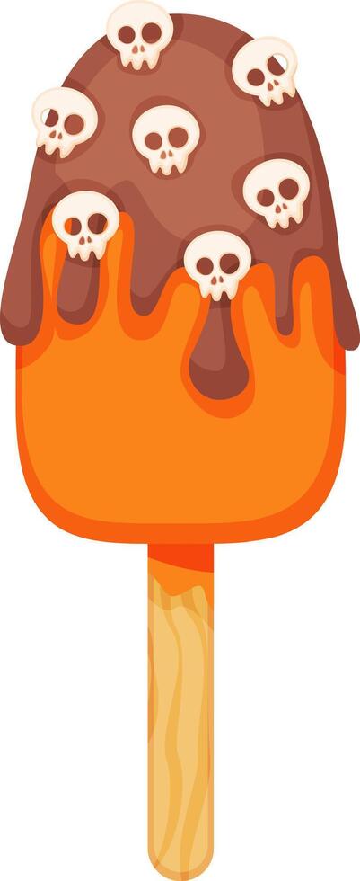 Cartoon style orange popsicle with melting chocolate topping decorated with small white skulls, celebrating Halloween festivities with a spooky treat vector