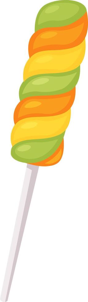 Bright and swirling lollipop with vibrant green, orange, and yellow stripes entices with its sweet promise, perfect for a sugary treat or festive celebration vector
