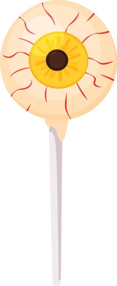 Spooky Halloween lollipop shaped like an eyeball, featuring striking red veins and a yellow iris, adding a fun and creepy touch to festive celebrations and autumn parties vector
