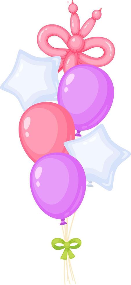 Bunch of pink and purple balloons floating with a butterfly shaped balloon and two star shaped balloons tied with a green ribbon, ideal for party, birthday, baby shower, celebrations and events vector
