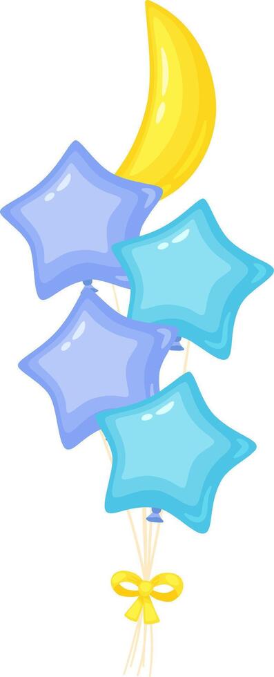 Four vibrant star shaped party balloons along with a whimsical crescent moon balloon, all tied together with a cheerful yellow ribbon, are floating against a clean white background vector
