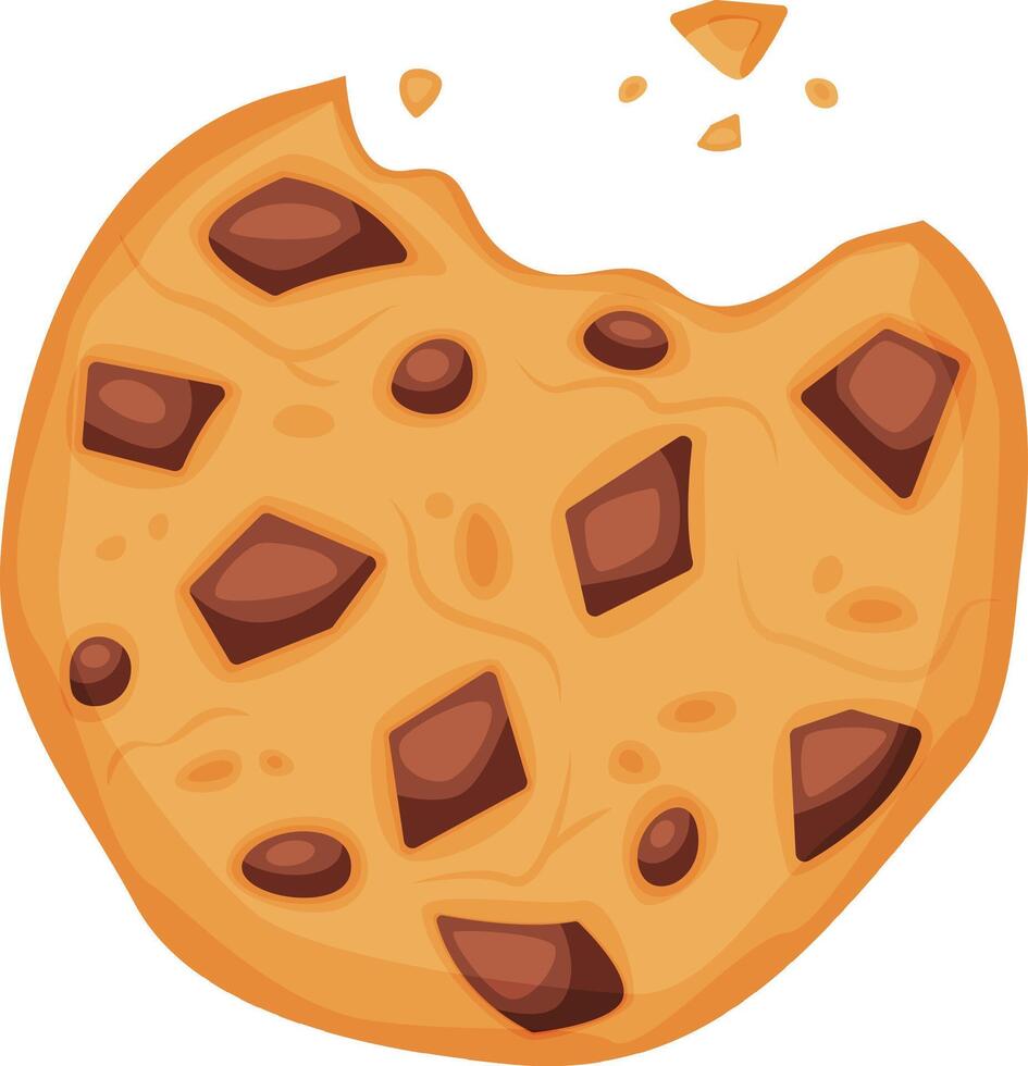 Freshly baked chocolate chip cookie with a missing bite, showing its soft, crumbly texture and tempting chocolate chunks, perfect for satisfying a sweet craving vector