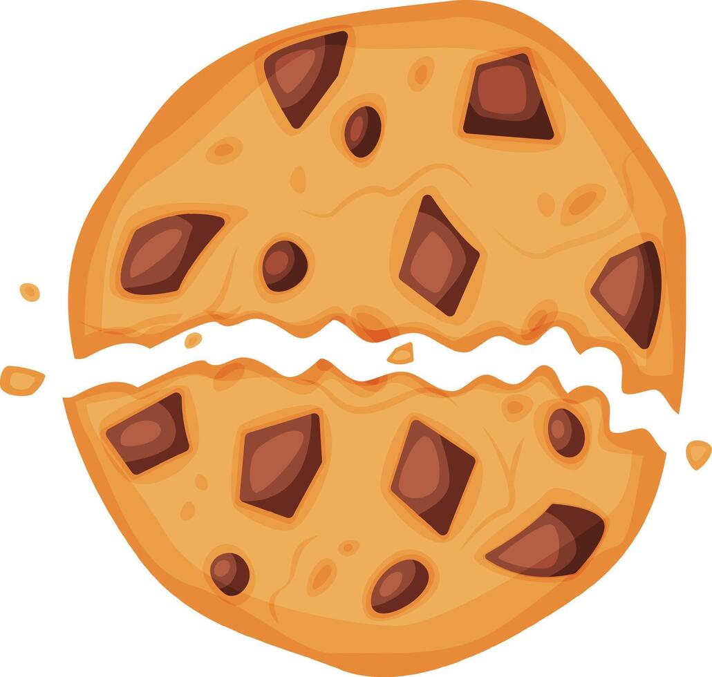 Large chocolate chip cookie is splitting in two, revealing a creamy white filling and scattering crumbs, a tempting treat for dessert lovers vector