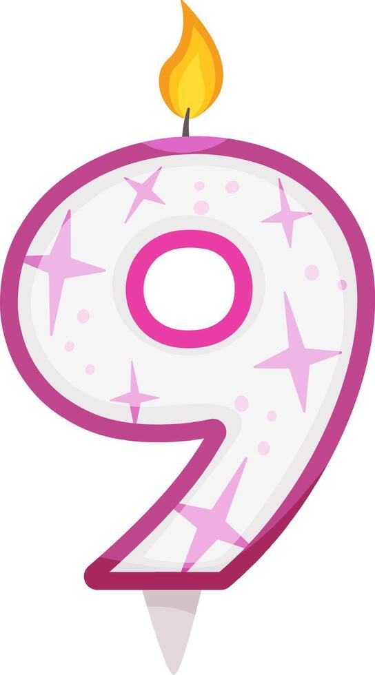 Number nine pink birthday candle with lit flame and decorative stars burning brightly for a ninth birthday celebration, anniversary, or special occasion vector
