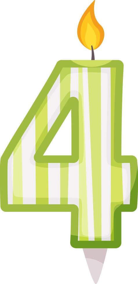 Green and white striped number four shaped candle, featuring a flickering flame on top, enhancing celebrations for fourth birthdays or anniversaries with a festive touch vector
