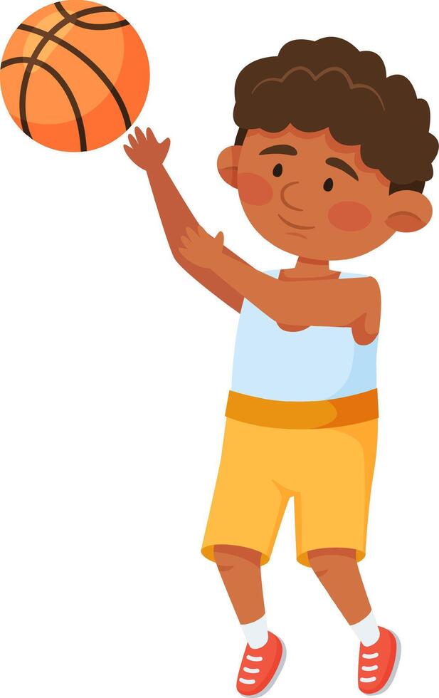 Young boy basketball player jumping and throwing the ball during a match, enjoying sports, promoting a healthy lifestyle and active childhood in a cartoon illustration vector