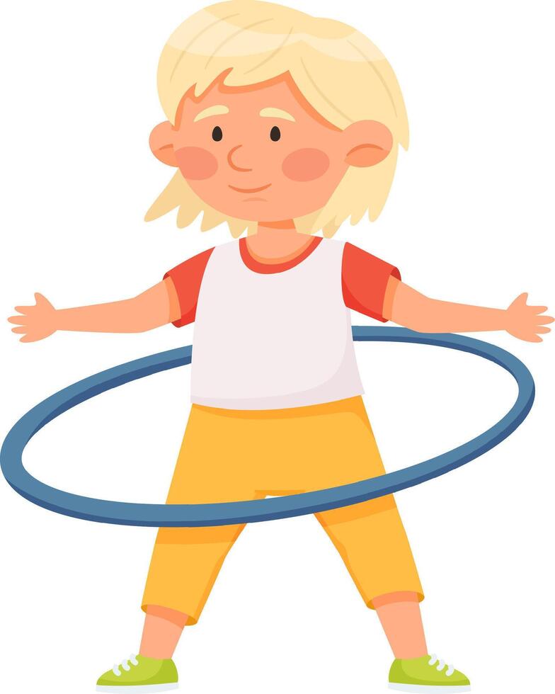 Happy blond child rotating blue hula hoop around waist, exercising and having fun, promoting active lifestyle and physical activity for children vector