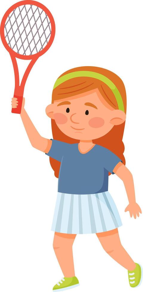 Smiling young girl playing tennis holding a red racket and running, wearing a blue t shirt, white skirt and green sneakers, practicing her favorite sport vector