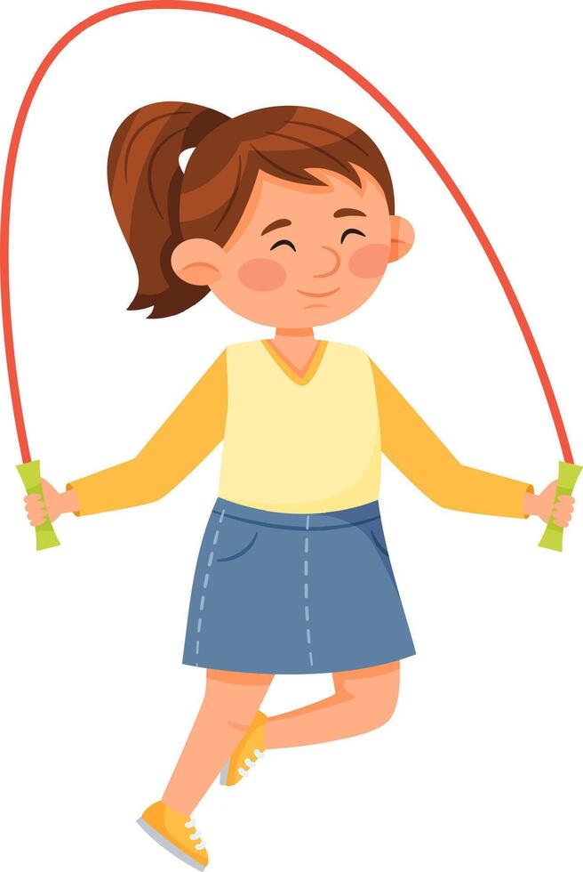 Cute little girl playing with a skipping rope, jumping and smiling, having fun and enjoying her free time, healthy lifestyle for children, promoting physical activity and outdoor games vector
