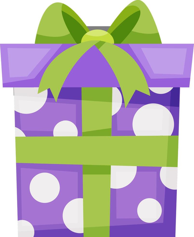 Wrapped purple gift box with white polka dots and a green ribbon tied in a bow, perfect for celebrations, birthdays, holidays, and special occasions, conveying a sense of joy, surprise, and giving vector
