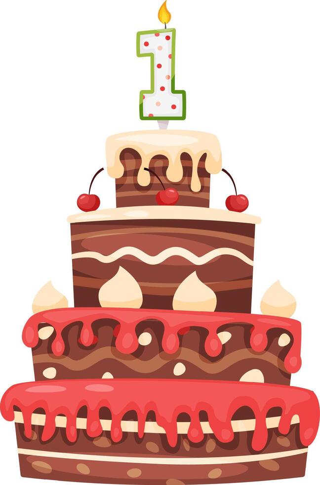 Three tiered chocolate birthday cake featuring rich red and white icing, topped with cherries and a glowing number one candle, marking a joyful first birthday celebration vector