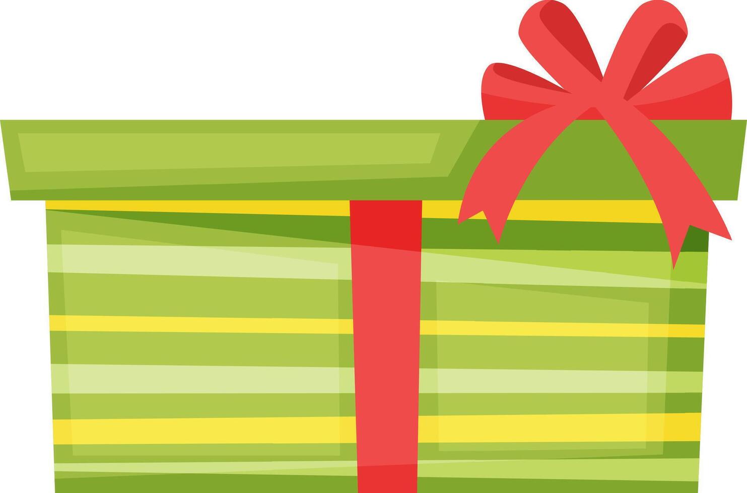 Festive green and yellow striped gift box, beautifully adorned with a vibrant red ribbon and bow, radiates celebration and anticipation, perfect for special occasions and joyful surprises vector