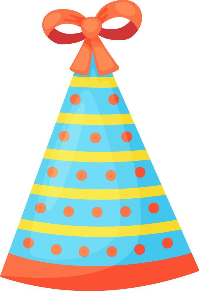 Colorful cartoon illustration featuring a blue party hat adorned with playful orange stripes, cheerful dots, and a festive ribbon, perfect for celebrating birthdays and joyful events vector