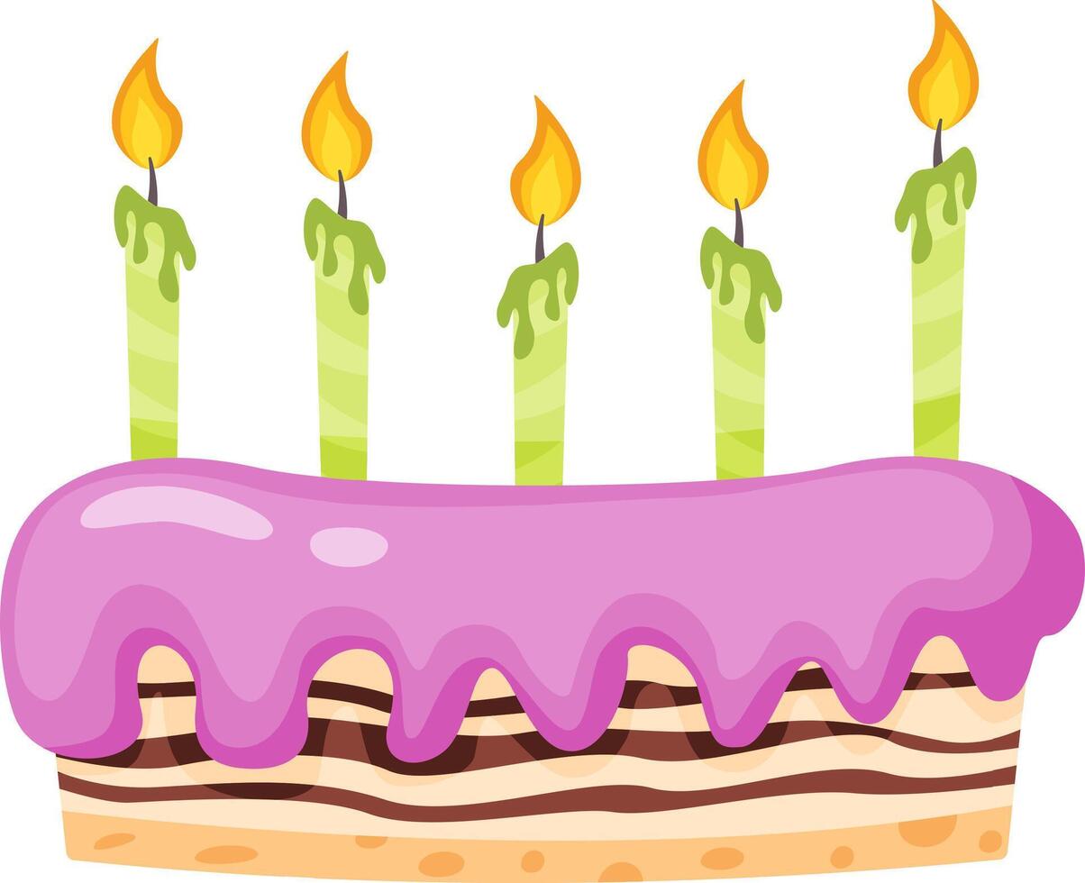 Five lit green candles sitting atop a rectangular birthday cake, adorned with pink frosting dripping down the sides, create a festive atmosphere perfect for celebrating special occasions vector
