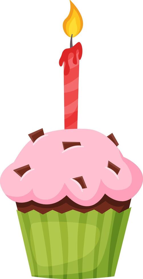 Single, freshly baked cupcake with pink frosting, chocolate chips and a single burning candle, perfect for celebrating a birthday or special occasion vector