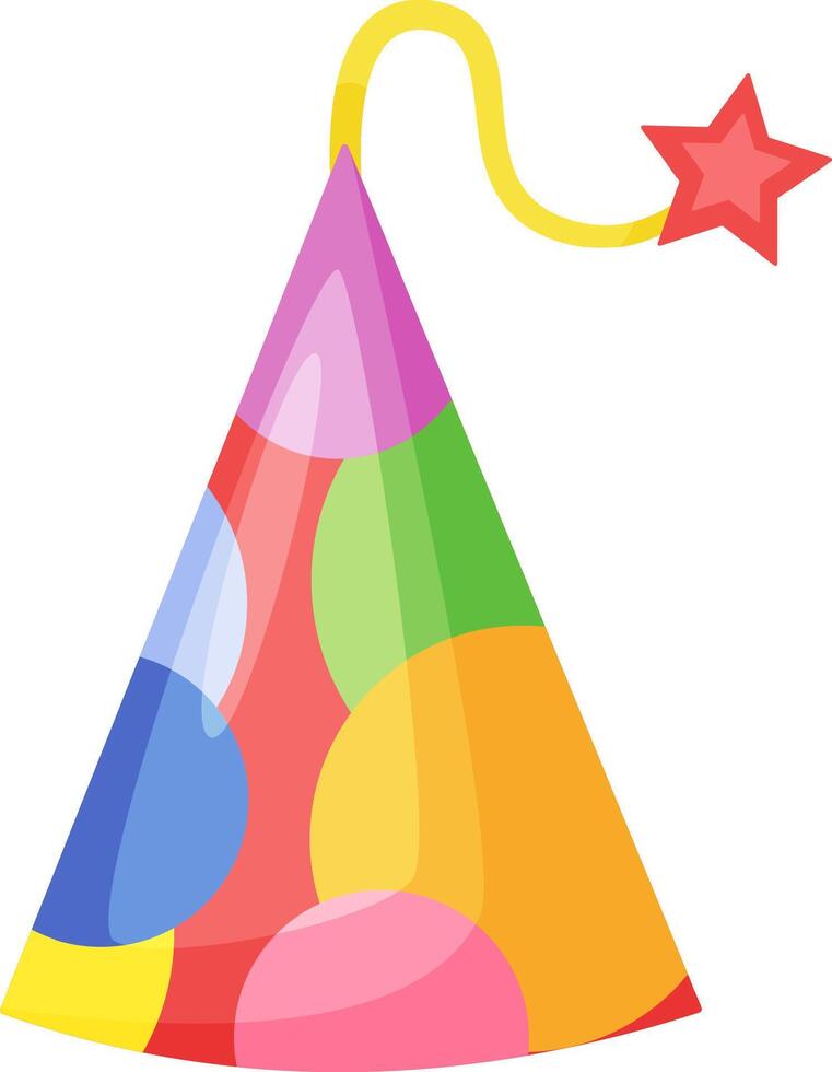 Cone shaped party hat featuring a vibrant, multicolored polka dot design, elastic string, and decorative star, adding festive flair to birthday celebrations vector