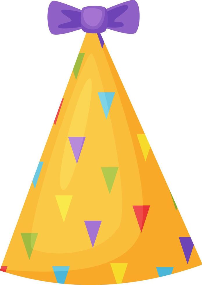 Colorful yellow party hat decorated with small triangles of different colors and a purple bow, celebrating a birthday or other festive occasion vector