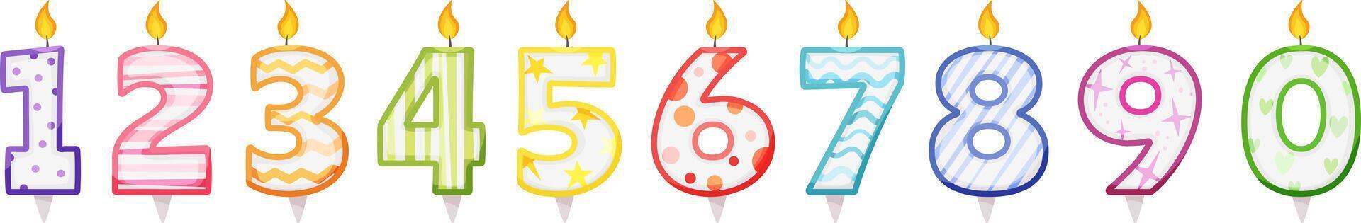 Ten colorful birthday candles representing numbers from zero to nine are burning with a bright flame, creating a festive atmosphere perfect for celebrating any age vector