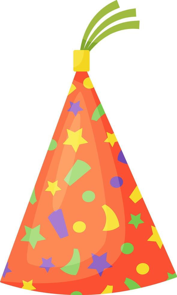 Orange party hat with colorful stars and confetti celebrating a birthday, perfect for joyful and festive occasions, bringing a touch of fun and whimsy to any celebration vector