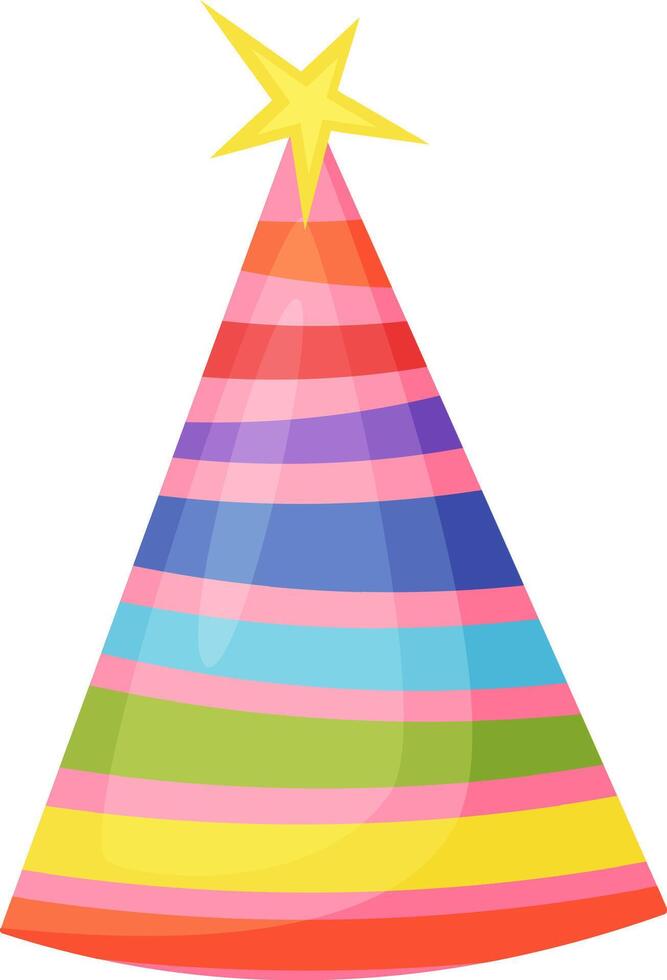 Bright and cheerful striped party hat featuring a golden star on top, enhancing the festive atmosphere of birthday celebrations and joyful gatherings with vibrant colors and fun designs vector