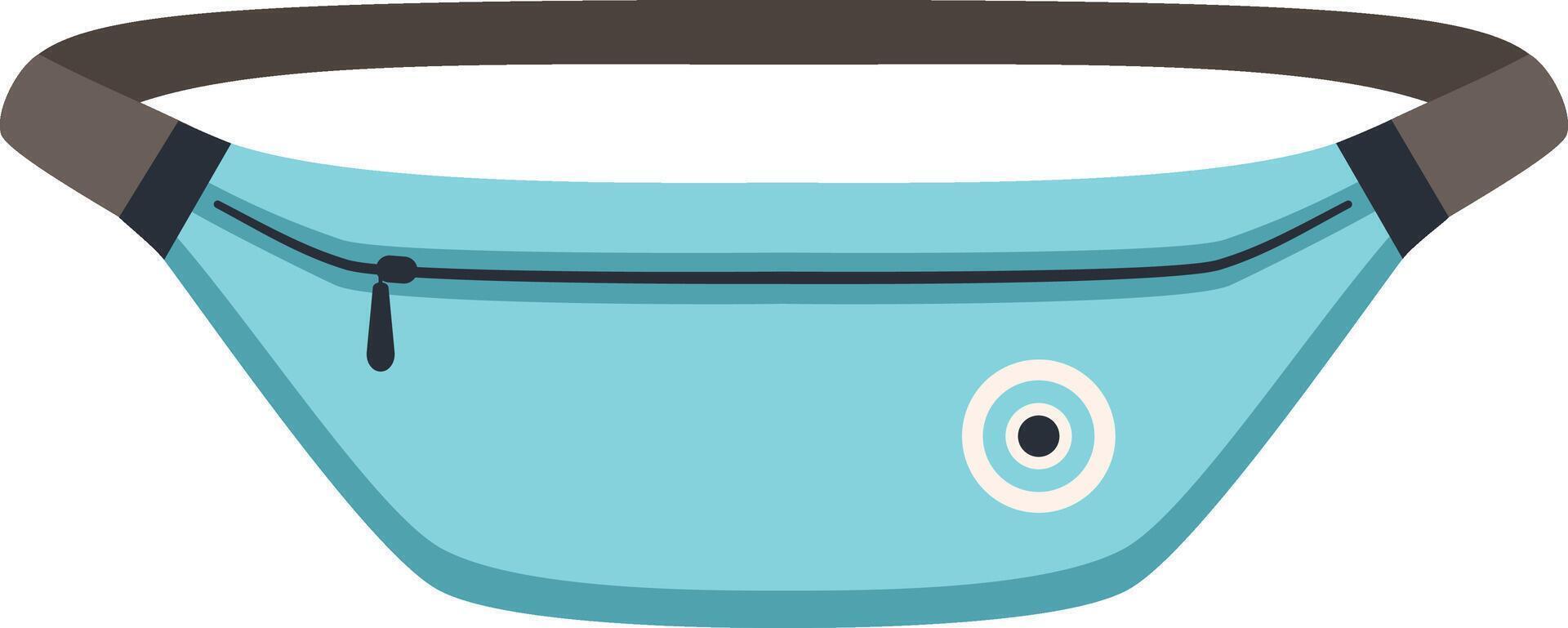 Fashionable light blue waist bag featuring a brown strap, zipper closure, and a stylish circular design, perfect for carrying essentials on the go vector