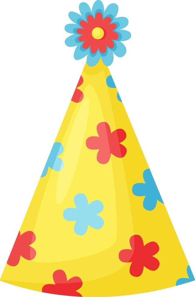 Bright yellow party hat adorned with vibrant red and light blue flowers, featuring a larger flower on top, perfect for celebrating birthdays and festive events with joy and cheer vector