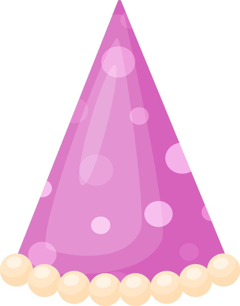 Cartoon illustration of a festive pink party hat decorated with white polka dots and a string of pearls, creating a cheerful and celebratory atmosphere vector