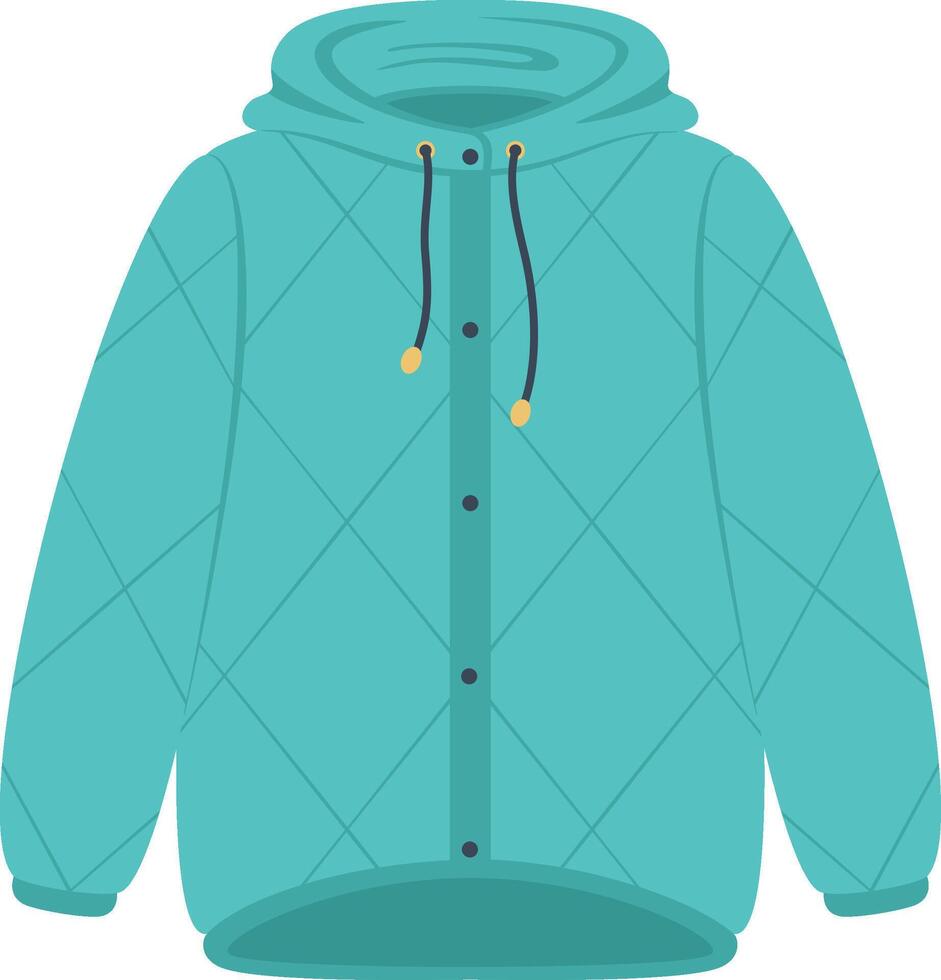 Comfortable and warm quilted turquoise hooded jacket featuring buttons and a protective hood, designed for cold weather, isolated against a clean white background vector