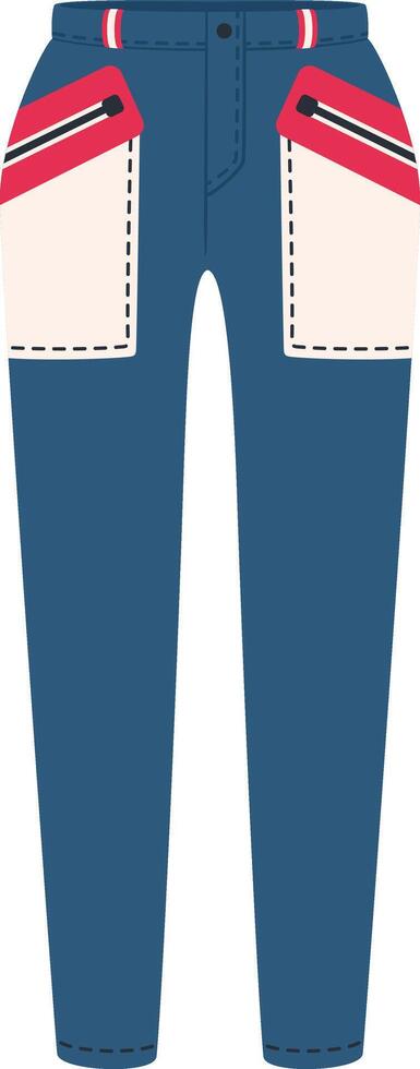 Comfortable blue cargo pants with big pockets, red details and white stitching featuring a casual and modern design, perfect for everyday wear or outdoor activities vector