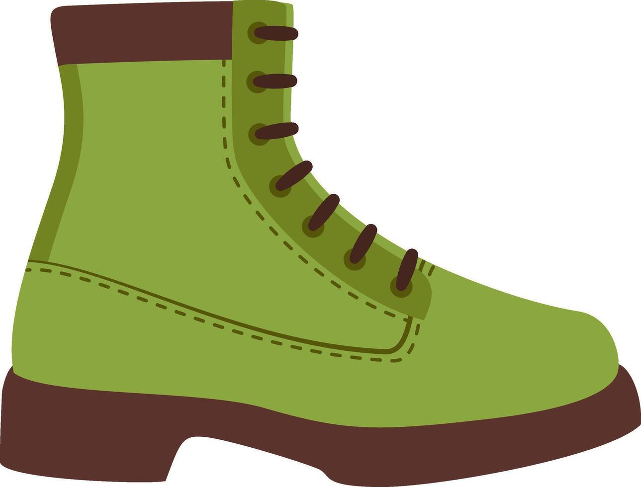 Green hiking boot with brown laces and sole standing on white background representing outdoor activities, adventures in nature, and exploration of wild landscapes vector