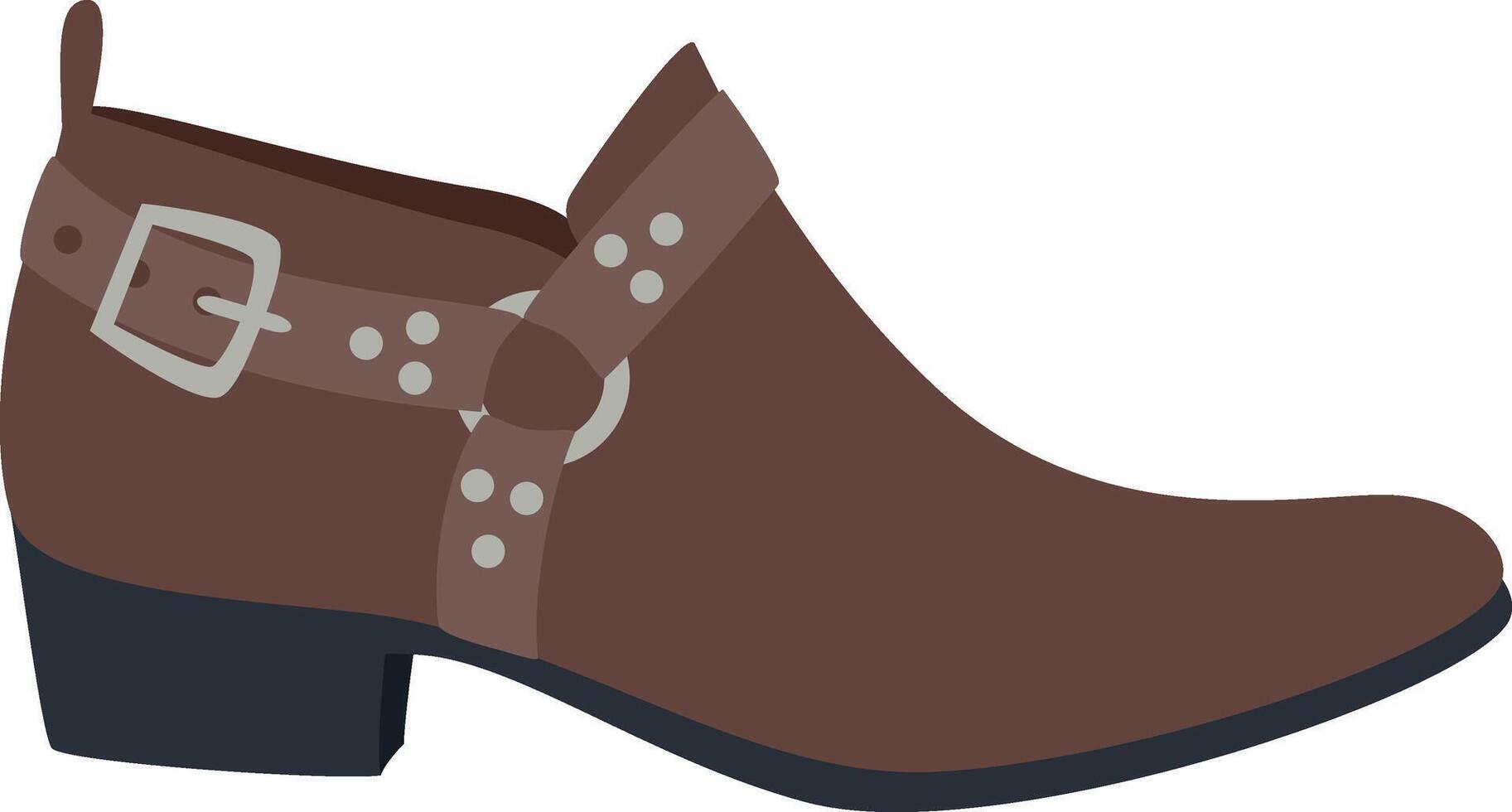 Brown leather boot featuring a striking buckle and eye catching metal studs, infusing classic footwear with an edgy, modern flair that enhances any stylish wardrobe vector