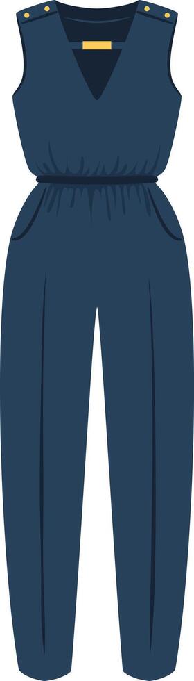 Blue jumpsuit featuring a deep V neck accentuated by a golden detail, creating a sophisticated and fashionable look, perfect for various occasions vector