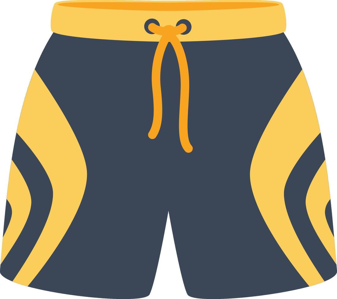 Blue and yellow shorts with an orange drawstring resting on a clean white background, capturing the spirit of summer activities and casual, stylish wear vector
