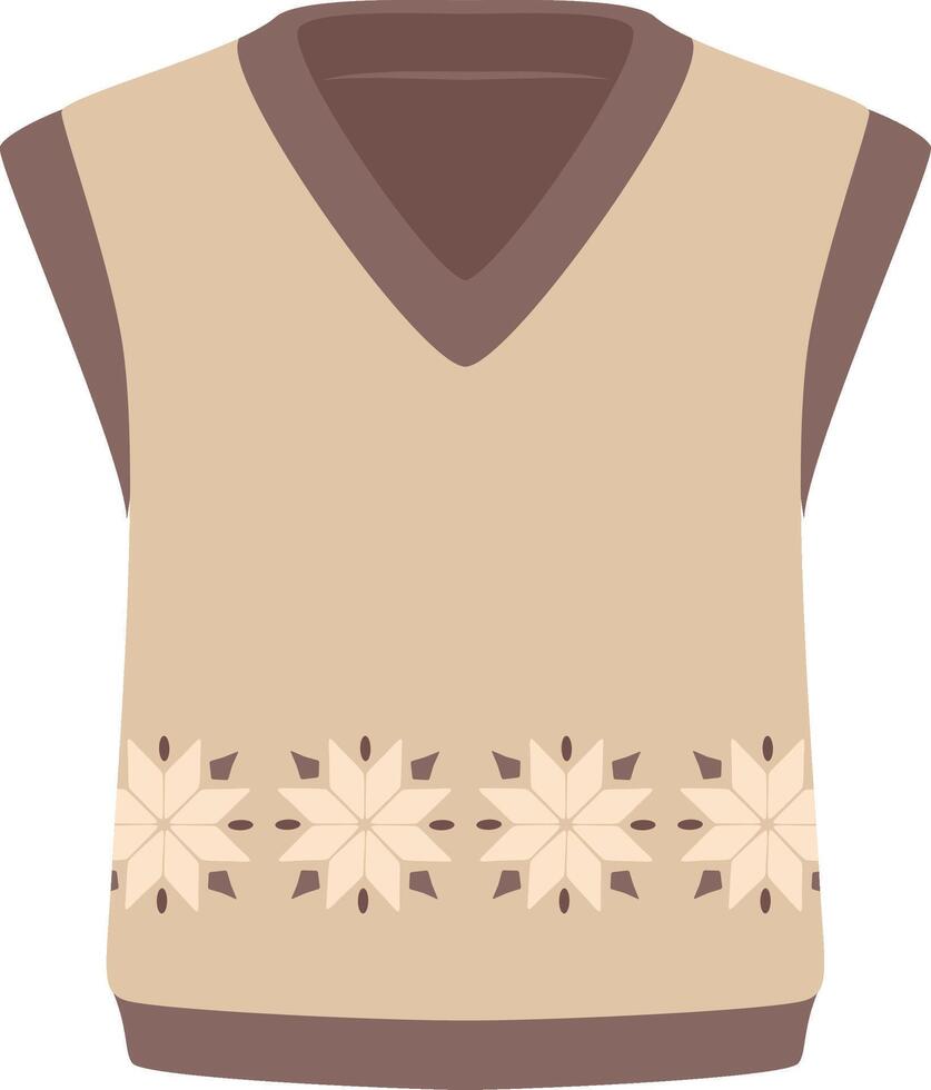 Warm wool sleeveless sweater featuring a v neck design, adorned with brown edges and a charming pattern of stylized snowflakes, perfect for embracing winter's chill vector
