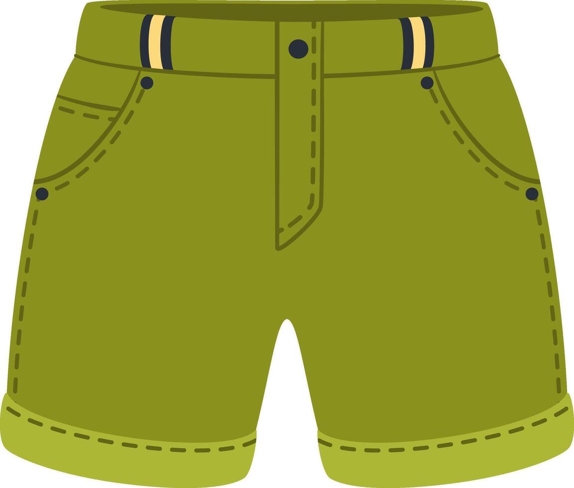 Stylish green casual shorts featuring rolled up cuffs, belt loops, and pockets, offering a comfortable button closure and perfecting a relaxed summer outfit for any occasion vector