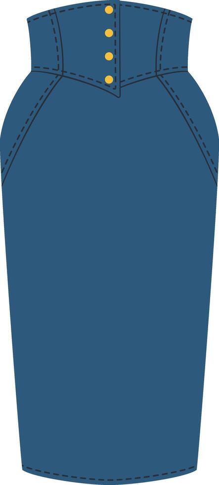 Denim pencil skirt featuring a high waist with gold buttons, accentuating the feminine form with its elegant design, suitable for various occasions and showcasing a timeless style vector