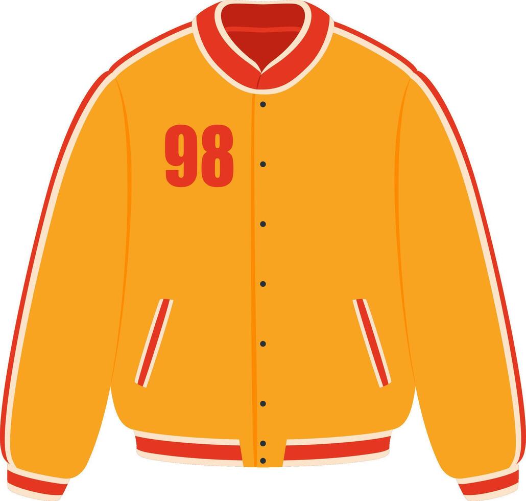 Sporting a stylish yellow letterman jacket adorned with vibrant red details and the number 98, perfect for celebrating victories and showcasing team spirit at any event vector