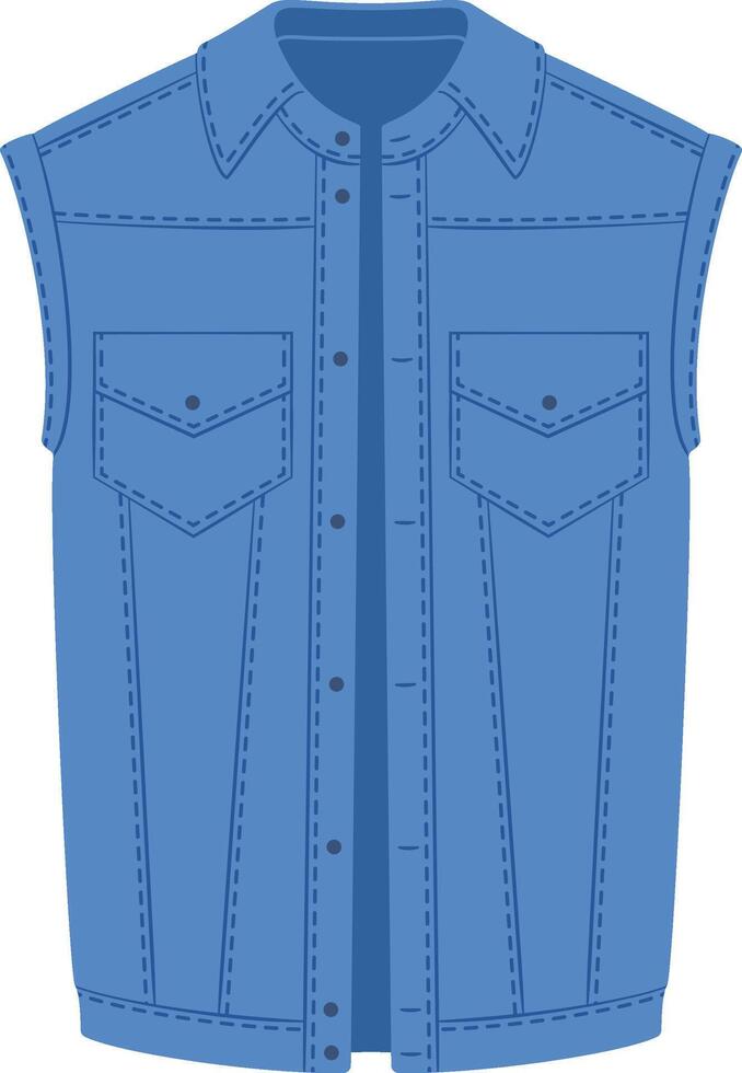 Classic blue denim vest featuring a button up front, two chest pockets with button closures, and stylish stitching details, offering a timeless and versatile wardrobe staple vector