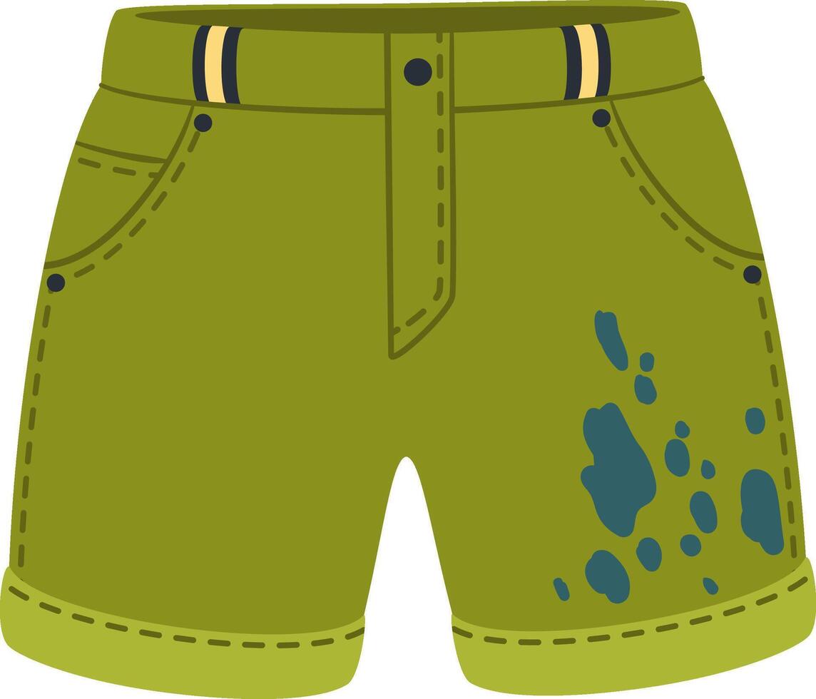 Green denim shorts featuring blue stains, rolled up cuffs, and a secure button and belt loop closure, providing a stylish and casual look perfect for summer outings and relaxed weekends vector